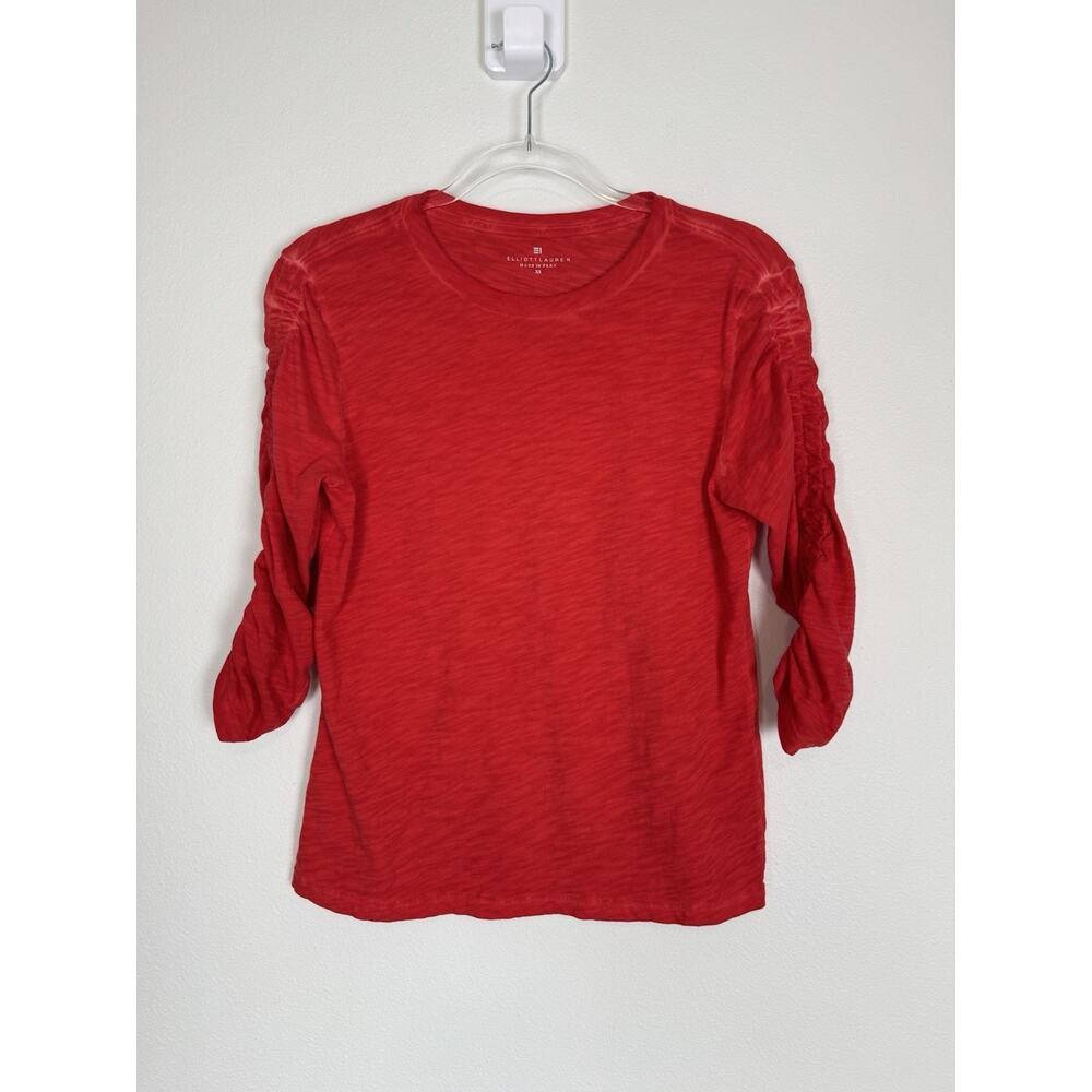 Elliott Lauren Slub Tee T-Shirt Red 3/4 Ruched Sleeve 100% Cotton xs